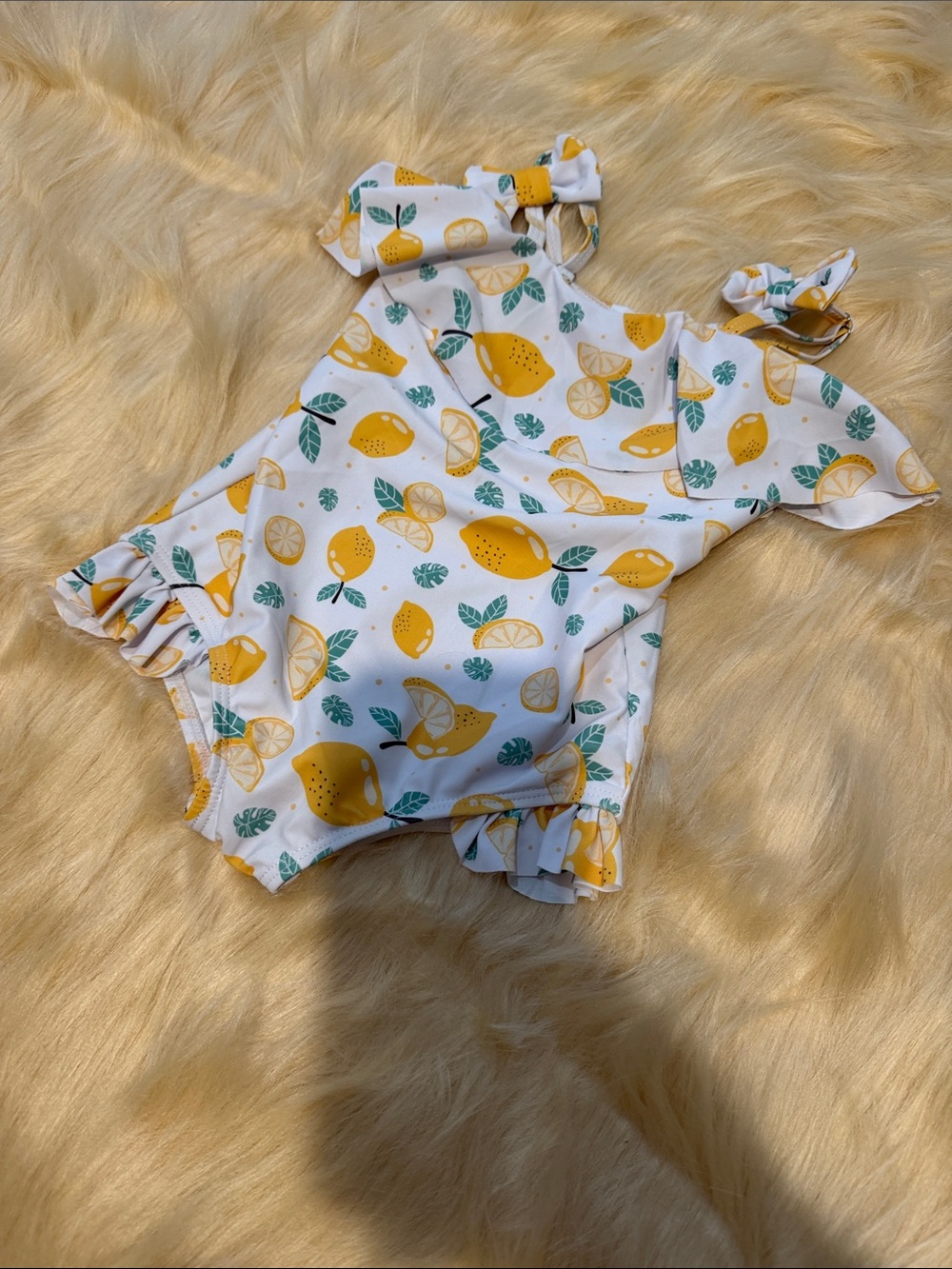 Girls Lemon Print Ruffle One-Piece Swimsuit - Yellow & Green on White